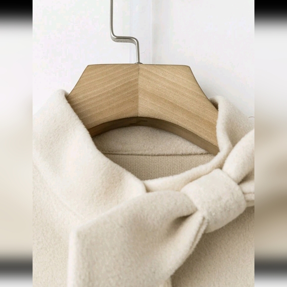 Women Elegant Solid Color Coat With Faux Fur Cuff & Bow Decor, Autumn/Winter - Picture 3 of 6